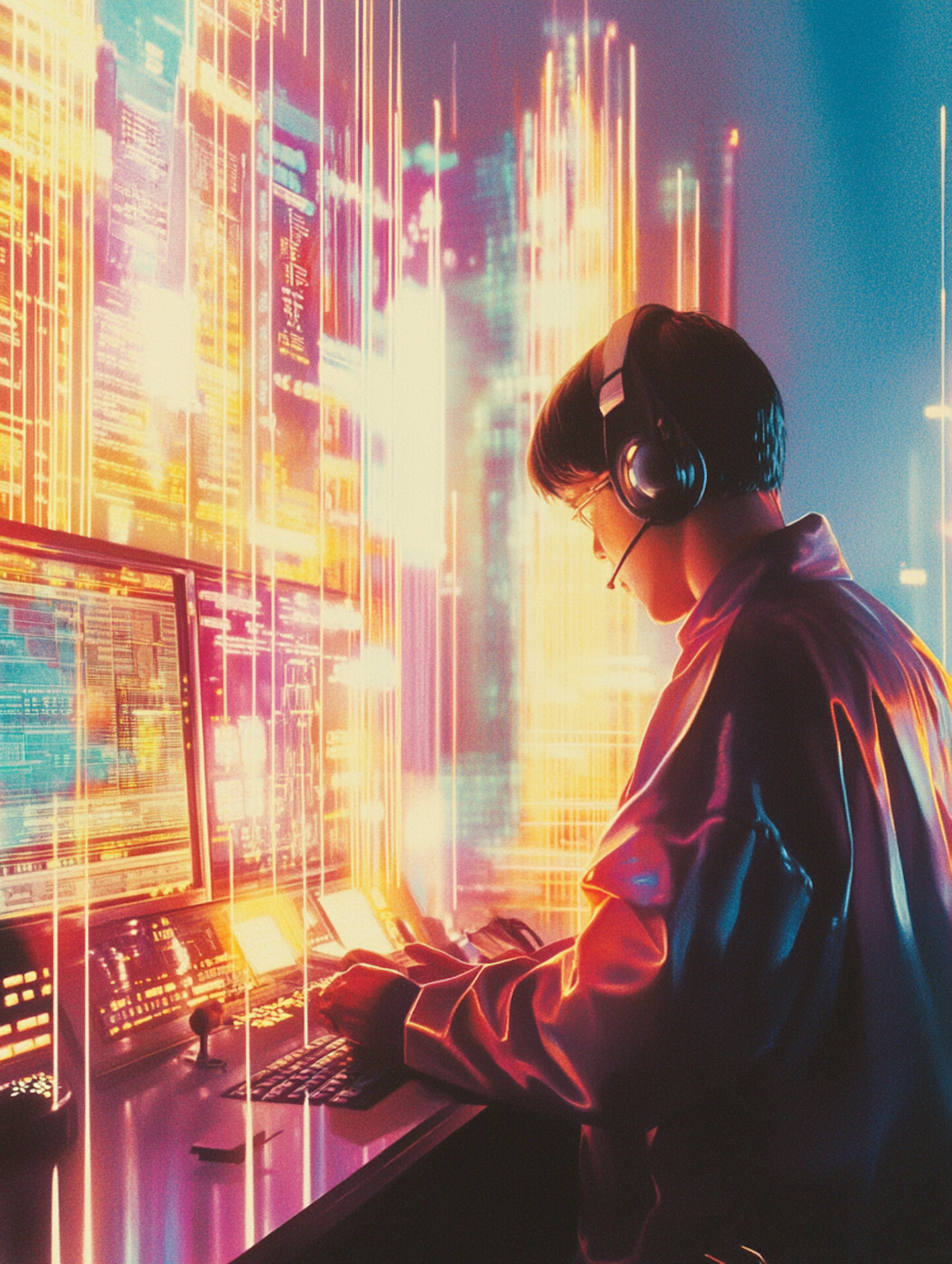 Osoba przytłoczona nadmiarem informacji, otoczona wieloma ekranami i otwartymi kartami przeglądarki, symbolizująca chaos na początku biznesowej drogi.