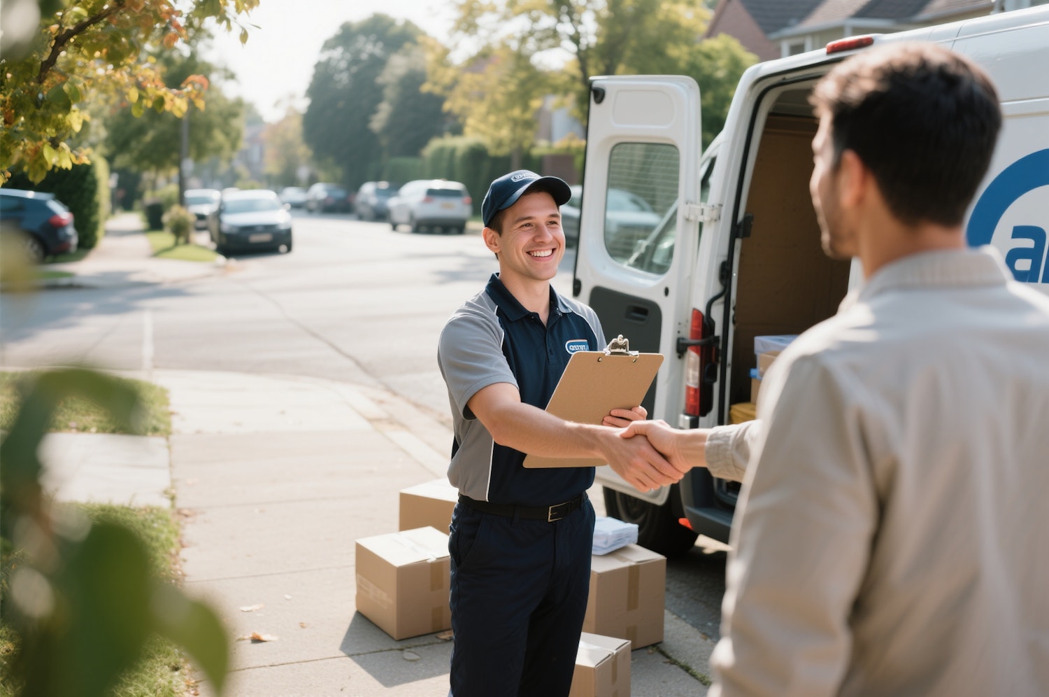 Zadowolona osoba otwiera paczkę dostarczoną do domu, symbolizującą efektywną logistykę dropshippingu i satysfakcję klienta.