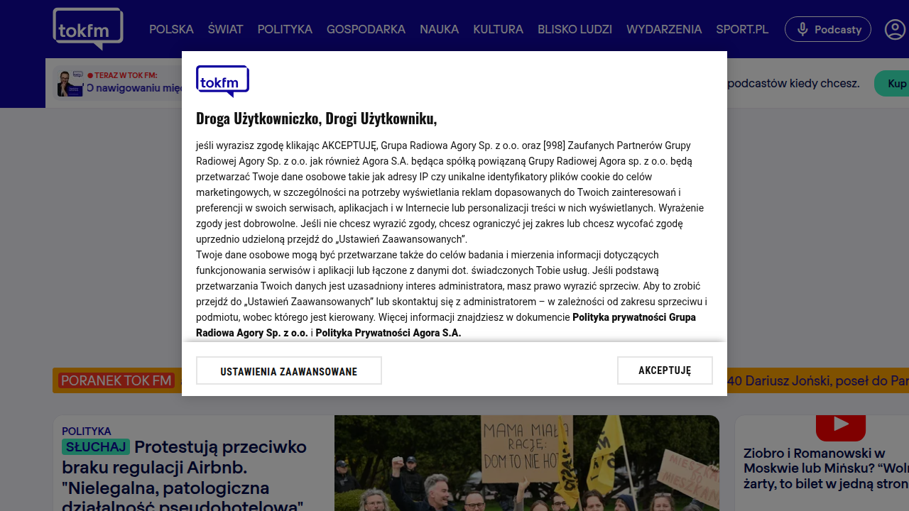 Strona internetowa TOK FM, oferująca dostęp do audycji na żywo i obszernej biblioteki podcastów.