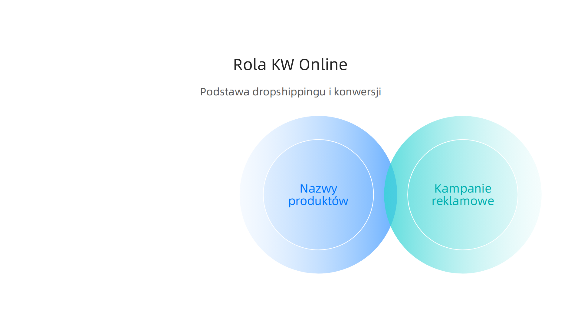 Infografika ilustrująca wszechstronną rolę 'kw online' w dropshippingu, obejmującą nazwy i opisy produktów, kampanie reklamowe, treści blogowe oraz tytuły i opisy kategorii, a także ich wpływ na CAC i konwersję.