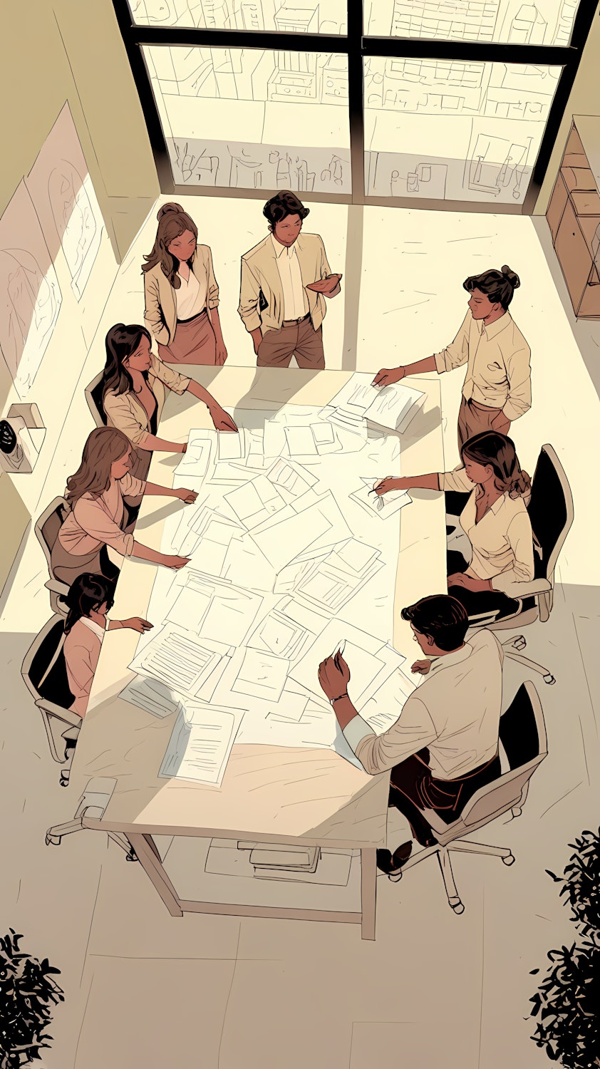 Zespół ludzi, którzy płynnie współpracują nad dokumentami online, korzystając z dysku w chmurze na różnych urządzeniach i w różnych lokalizacjach.