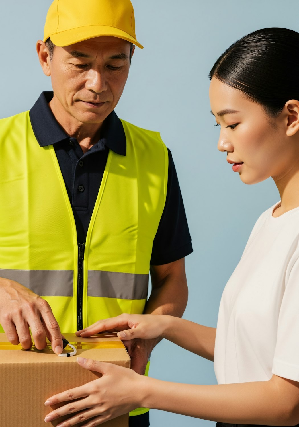 Klient odbiera paczkę, symbolizując pomyślną realizację zamówienia i satysfakcję z szybkiej dostawy.