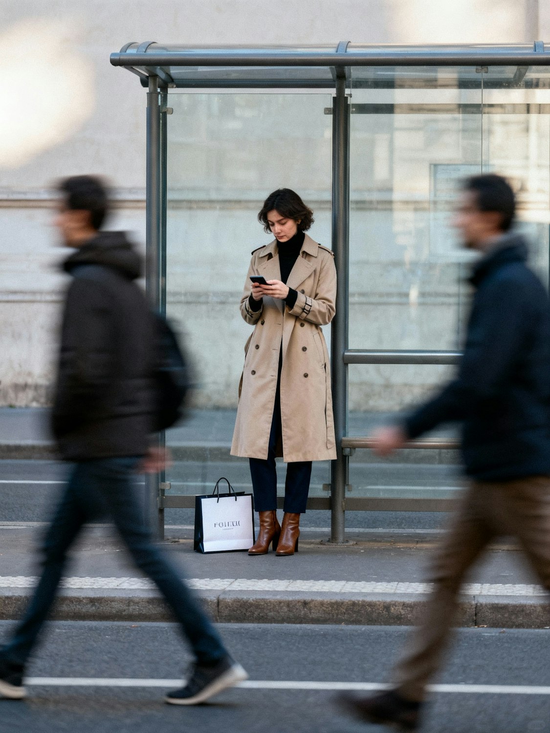 Pasażerka sprawdza rozkład jazdy na smartfonie, aby zaplanować podróż po mieście i uniknąć spóźnień.