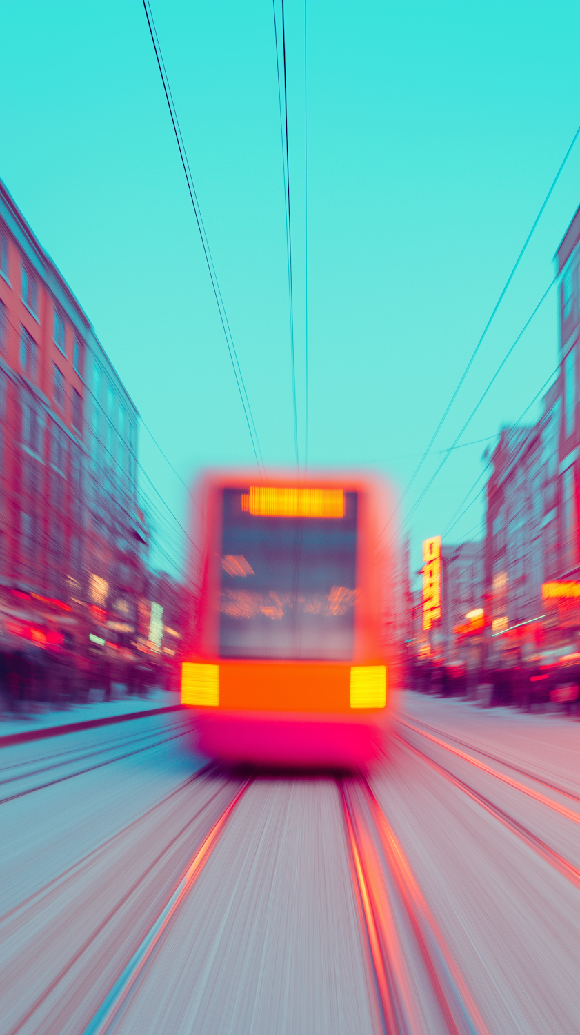 Grupa ludzi wsiada do nowoczesnego tramwaju w mieście, przygotowując się do podróży komunikacją miejską.