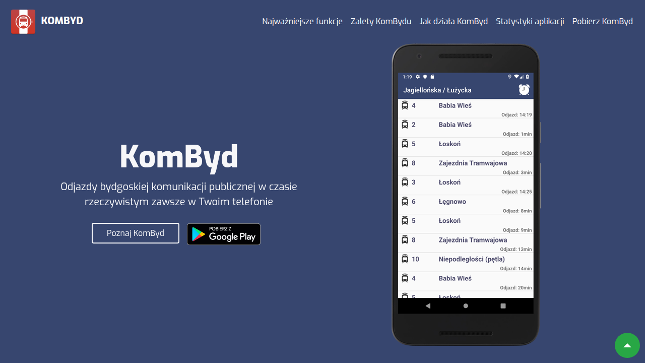 Ekran aplikacji KomByd pokazujący rzeczywiste odjazdy z wybranego przystanku w Bydgoszczy, ułatwiający planowanie podróży.