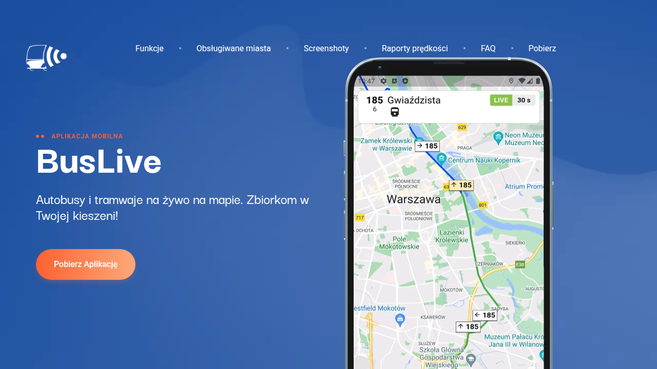 Widok mapy w aplikacji BusLive, umożliwiający śledzenie położenia autobusów i tramwajów w Bydgoszczy w czasie rzeczywistym.