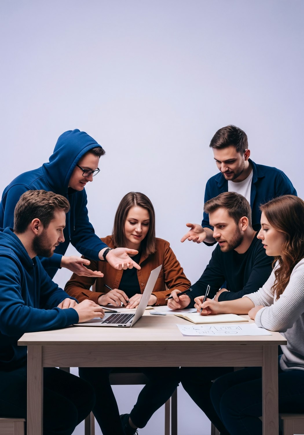 Grupa ludzi rozmawia i pomaga sobie nawzajem online, symbolizując wsparcie społeczności dropshippingowej.