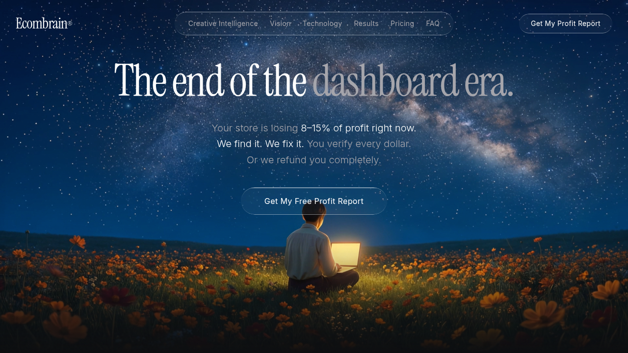 Zrzut ekranu przedstawia interfejs narzędzia EcomBrain, służącego do automatyzacji zarządzania sklepem dropshippingowym i analizy danych.