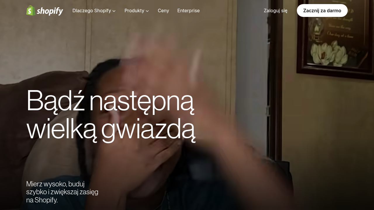 Zrzut ekranu przedstawia stronę główną platformy e-commerce Shopify, popularnego narzędzia do budowania sklepów online.