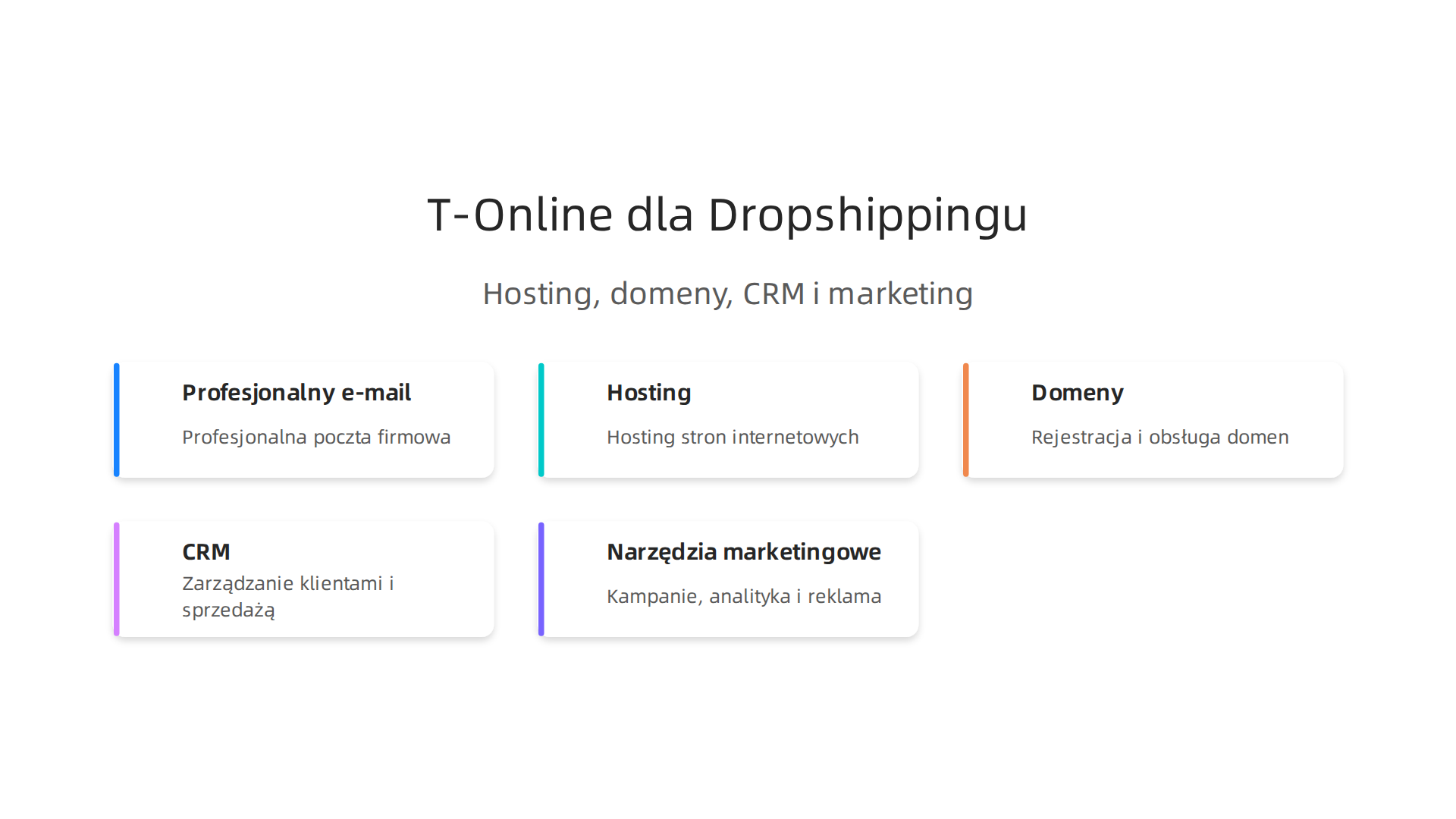 T-Online oferuje zintegrowany pakiet usług, który upraszcza zarządzanie dropshippingiem w Polsce, obejmujący hosting, domeny, CRM i narzędzia marketingowe.