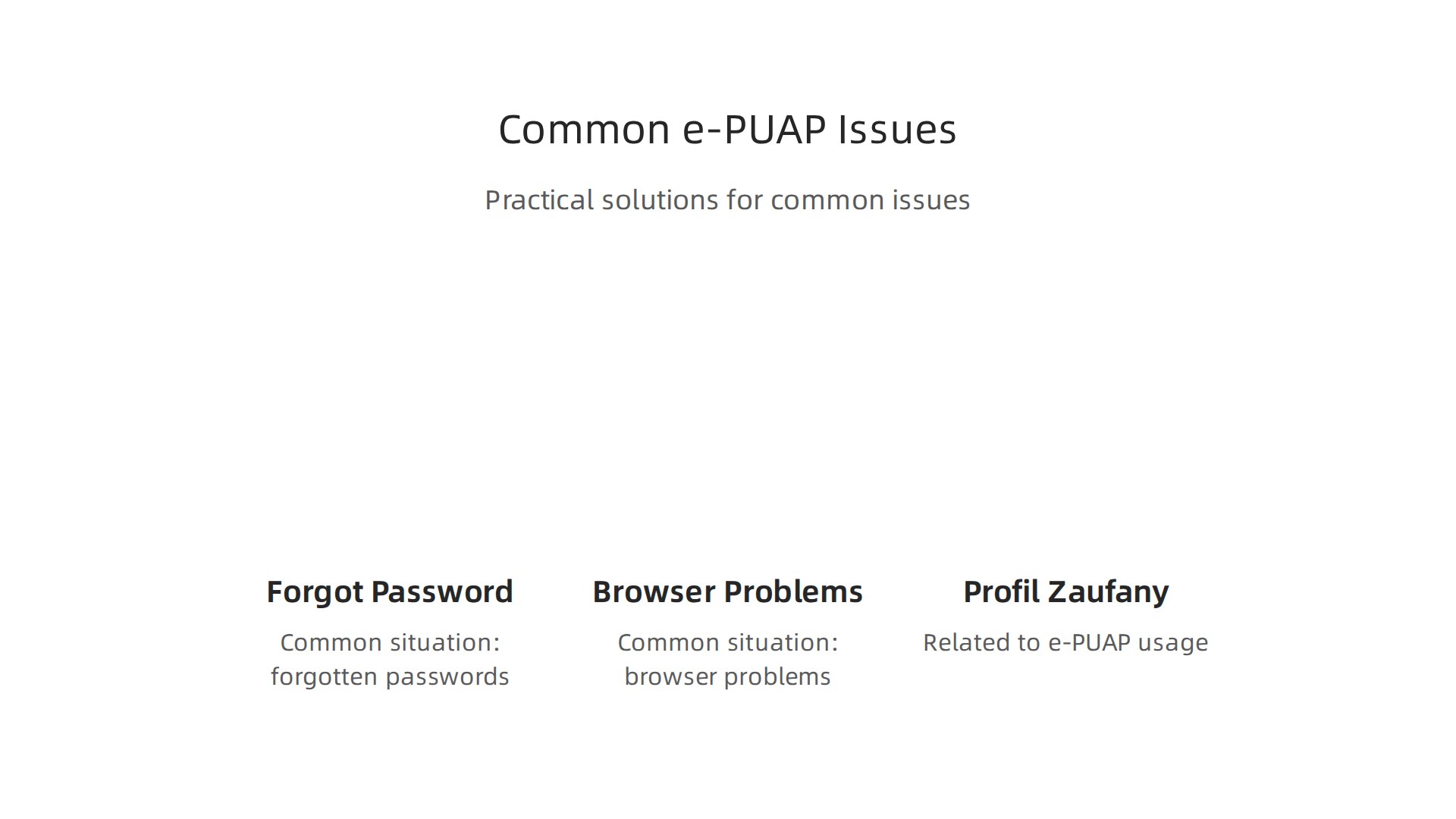 Practical solutions for typical issues encountered while using Profil Zaufany and e-PUAP, such as forgotten passwords or browser problems.