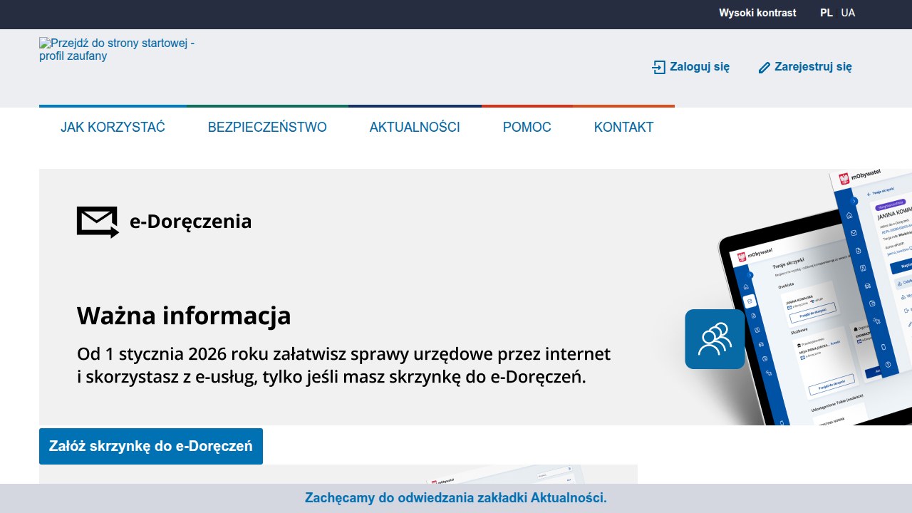The main page for Profil Zaufany, the Polish trusted profile system, where users can initiate registration or manage their profile.