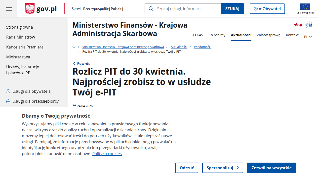 Strona usługi Twój e-PIT na gov.pl, umożliwiająca łatwe rozliczanie deklaracji podatkowych online.