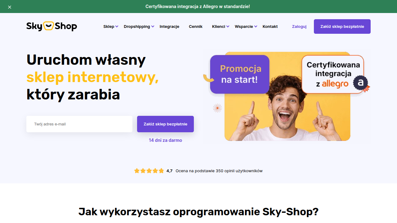 Screenshot of the Sky-Shop.pl homepage, a popular Polish e-commerce platform offering dropshipping services and basic guides.