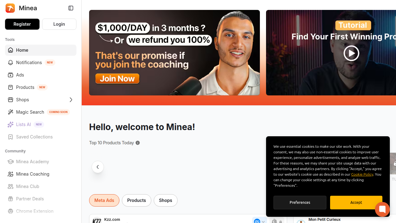 Screenshot of the Minea homepage, an external product research and ad analysis tool recommended for identifying best-selling products.