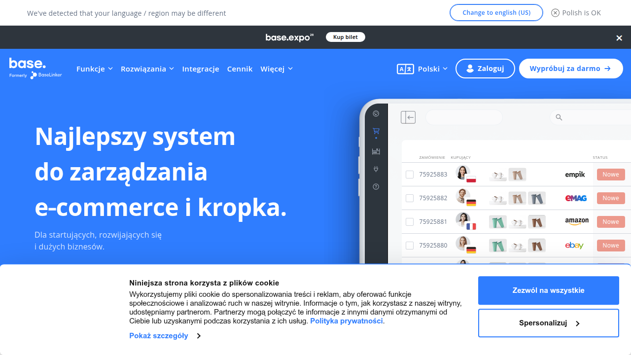 Screenshot of the Base.com homepage, an e-commerce platform that hosts a blog with lists of verified dropshipping wholesalers in Poland.