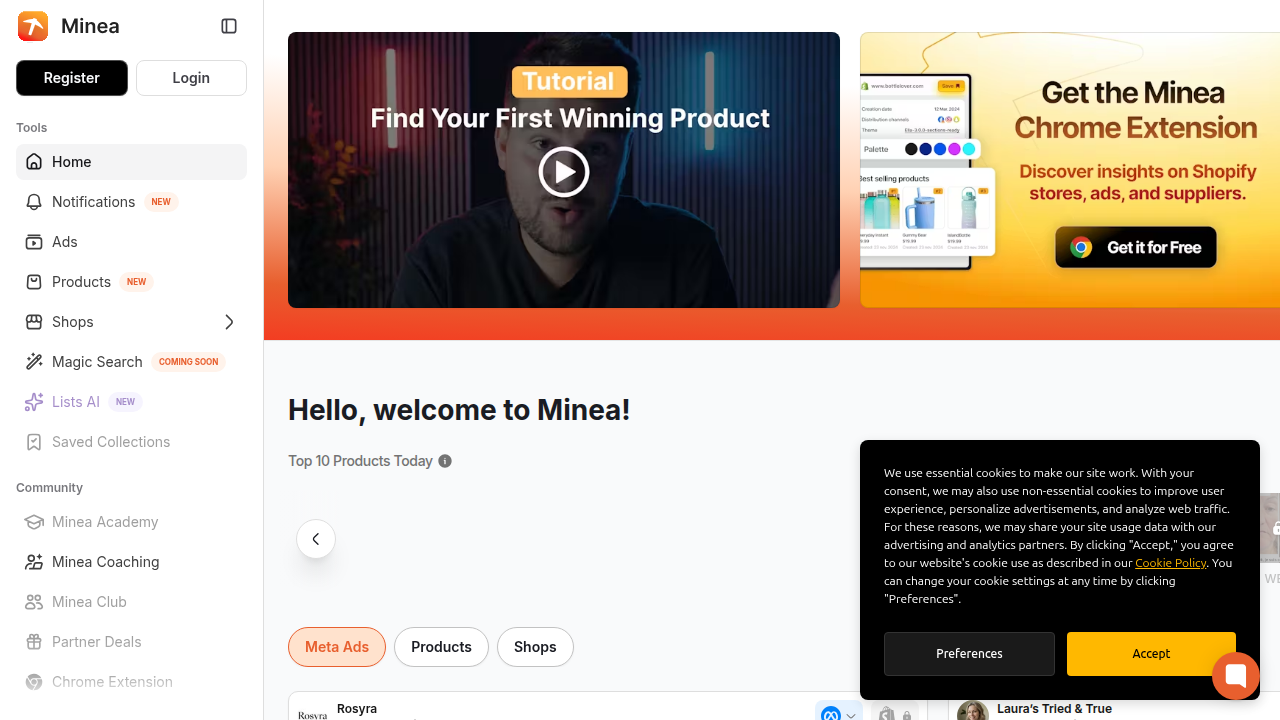 Minea: an essential tool for dropshippers to discover winning products and analyze ad trends.